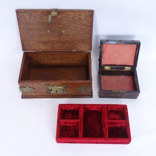 14 - A brass-bound oak jewel box, and a small veneered sewing box, largest width 29cm (2)