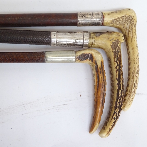 32 - A modern painted and lithographed barrel stick stand, containing 3 horn-handled riding crops and 3 s... 