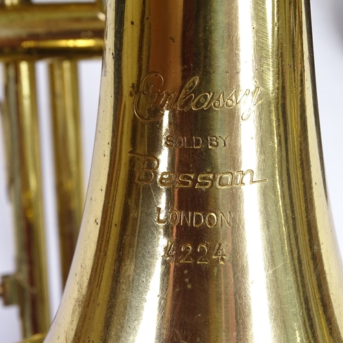 33 - An Embassy by Besson gold lacquered 3-valve trombone, serial no. 4224, length 109cm, with leather ca... 