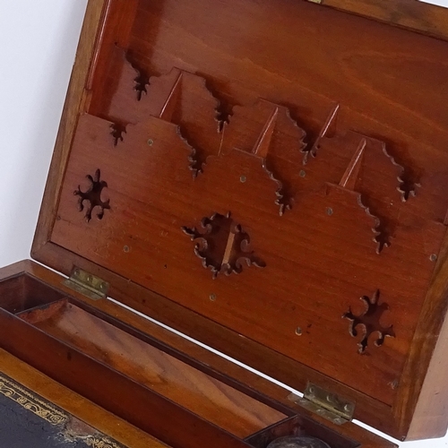 60 - A Victorian burr-walnut folding writing slope box, with integral letter rack, fitted inkwell and dou... 
