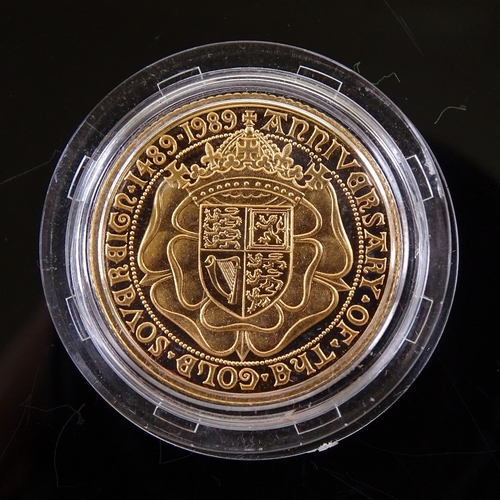 101 - 500th anniversary 1989 gold sovereign coin, 8g, cased