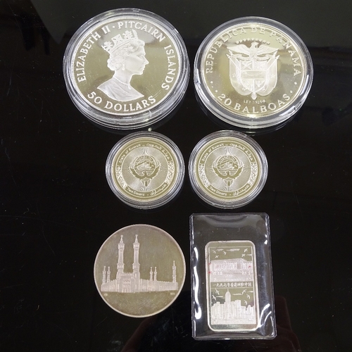 102 - Pitcairn Islands silver 50 dollar coin 1988, cased, Panama silver 20 balboas coin 1974, and encapsul... 