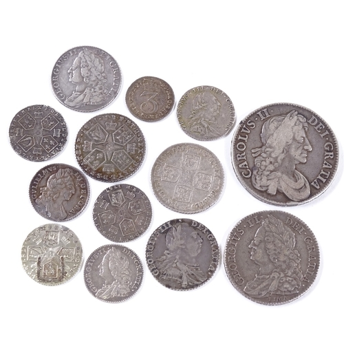 104 - Charles II 1679 crown, George II 1746 half crown, and other Georgian silver coins (15)