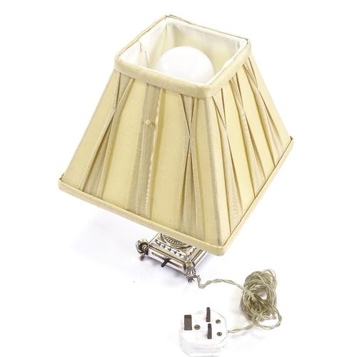 16 - An electroplate Adam's style squat table lamp, early 20th century, with square silk shade, height in... 