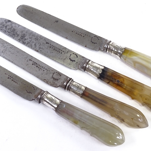 182 - A set of 4 early 19th century carved agate-handled knives, with silver armorial collars, by Verinder... 