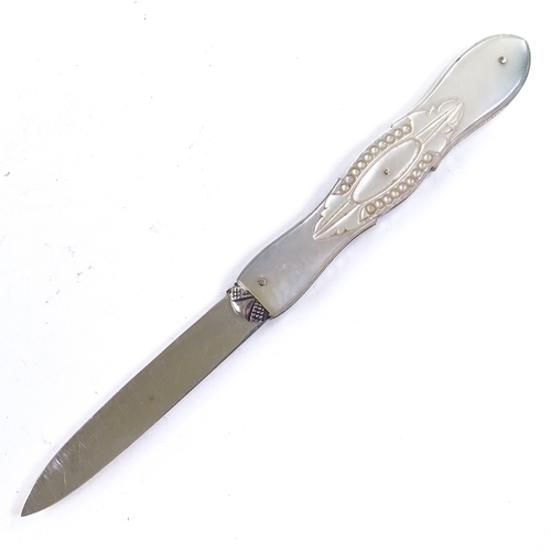 184 - A Victorian carved mother-of-pearl and silver fruit knife, hallmarks Sheffield 1862, length closed 9... 