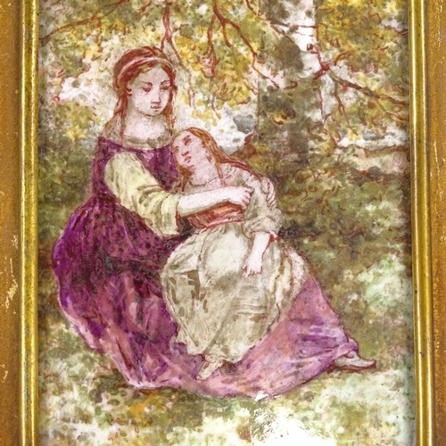 194 - A 19th century painted porcelain plaque, mother and daughter in wooded scene, indistinctly signed, p... 