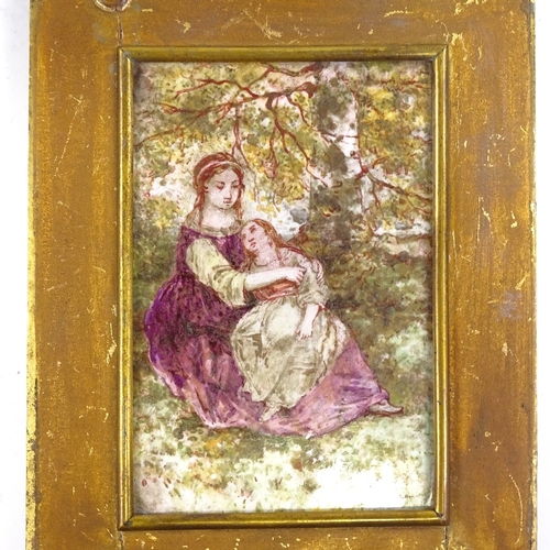 194 - A 19th century painted porcelain plaque, mother and daughter in wooded scene, indistinctly signed, p... 