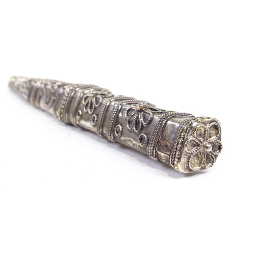 198 - A Middle Eastern white metal cased dagger, with filigree decoration, length 28cm.