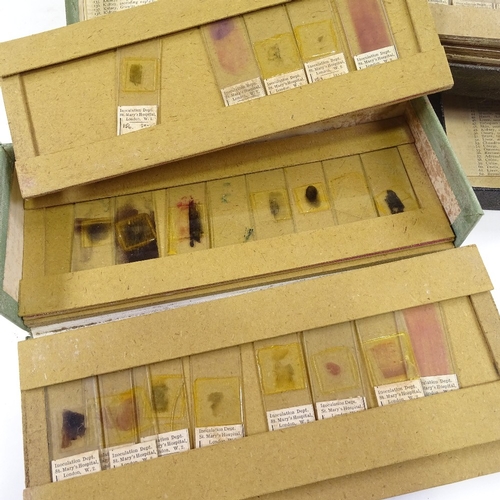 200 - 3 boxes of microscope slides, with labels for St Mary's Hospital, Innoculation Deptartment, London.