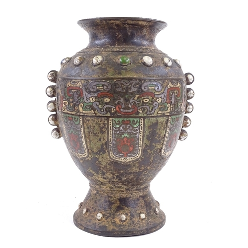 62 - A Chinese verdigris bronze and champleve enamel vase, with applied enamel bosses, height 34cm, rim d... 