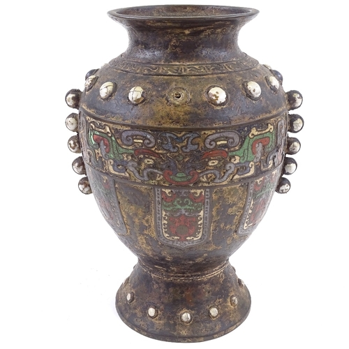 62 - A Chinese verdigris bronze and champleve enamel vase, with applied enamel bosses, height 34cm, rim d... 