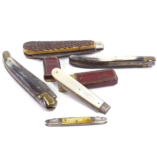 75 - A collection of folding knives, including a silver and mother of pearl fruit knife and 3 horn handle... 