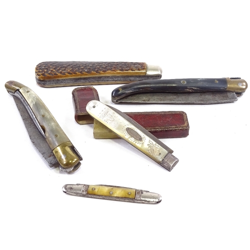 75 - A collection of folding knives, including a silver and mother of pearl fruit knife and 3 horn handle... 