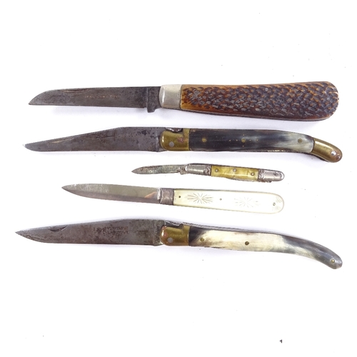 75 - A collection of folding knives, including a silver and mother of pearl fruit knife and 3 horn handle... 