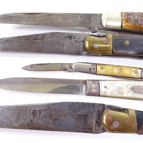 75 - A collection of folding knives, including a silver and mother of pearl fruit knife and 3 horn handle... 