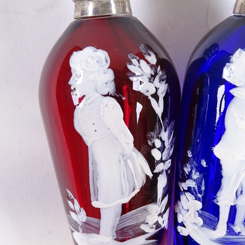 78 - A pair of Mary Gregory Bristol blue and ruby glass perfume bottles, with painted studies of children... 