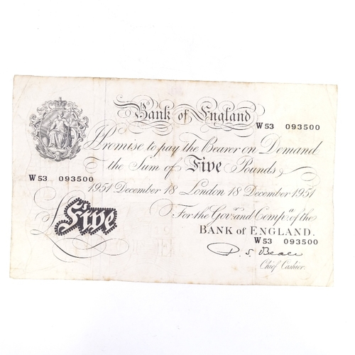 85 - A white five pound note dated 1951, serial no. W53 093500