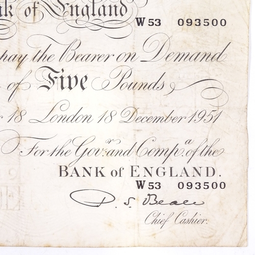 85 - A white five pound note dated 1951, serial no. W53 093500