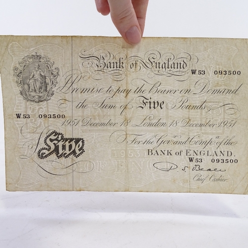 85 - A white five pound note dated 1951, serial no. W53 093500