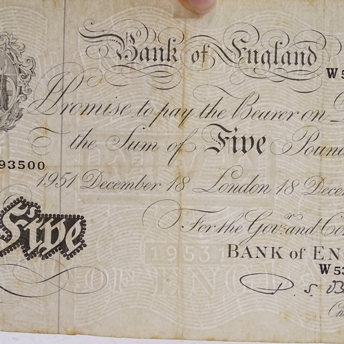 85 - A white five pound note dated 1951, serial no. W53 093500