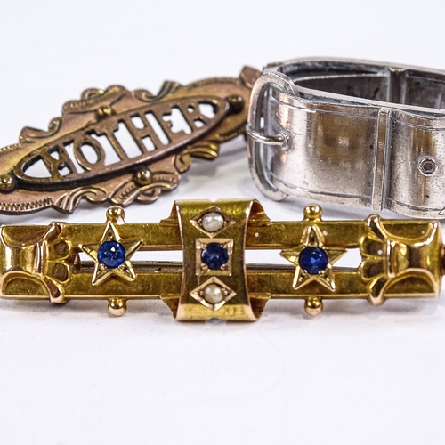 534 - An early 20th century 15ct gold sapphire and split pearl bar brooch, an unmarked white metal belt bu... 