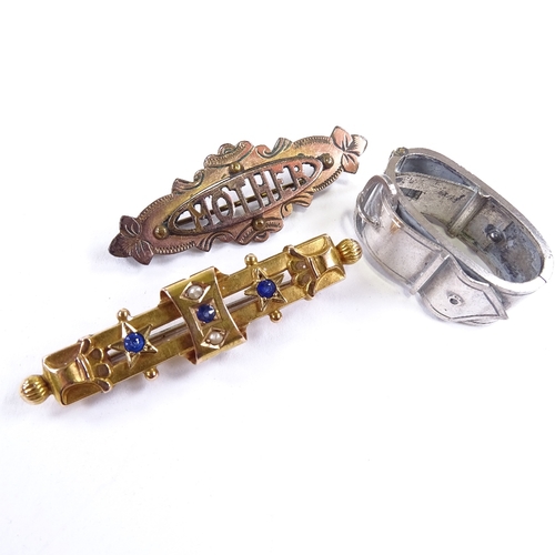 534 - An early 20th century 15ct gold sapphire and split pearl bar brooch, an unmarked white metal belt bu... 