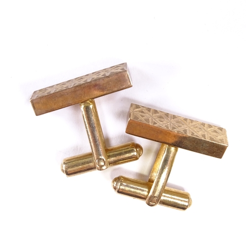 544 - A pair of mid-20th century 9ct gold rectangular panel cufflinks, engraved star decoration, hallmarks... 