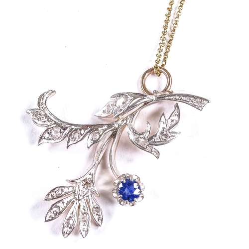 547 - An early 20th century unmarked rose gold silver-topped sapphire and rose-cut diamond floral spray pe... 