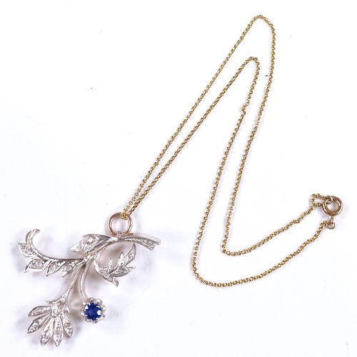 547 - An early 20th century unmarked rose gold silver-topped sapphire and rose-cut diamond floral spray pe... 