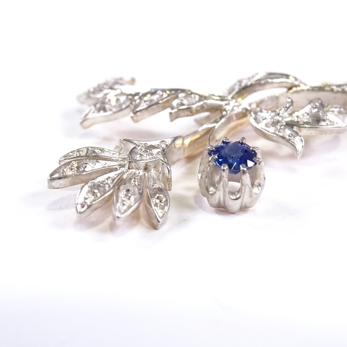 547 - An early 20th century unmarked rose gold silver-topped sapphire and rose-cut diamond floral spray pe... 