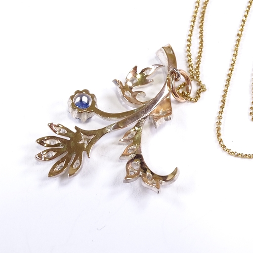 547 - An early 20th century unmarked rose gold silver-topped sapphire and rose-cut diamond floral spray pe... 