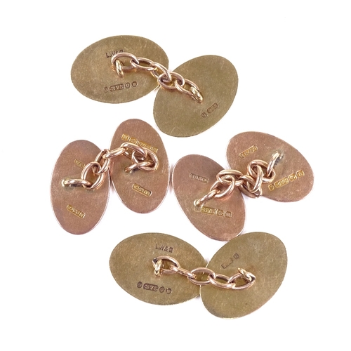 555 - 2 pairs of 9ct gold oval panel cufflinks, largest panel length 18.6mm, 13g total (2 pairs)