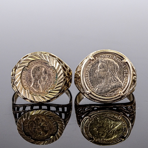 561 - 2 9ct gold coin inset rings, including Mexican and Victorian coins, setting height 15.1mm, sizes J/K... 