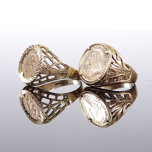 561 - 2 9ct gold coin inset rings, including Mexican and Victorian coins, setting height 15.1mm, sizes J/K... 