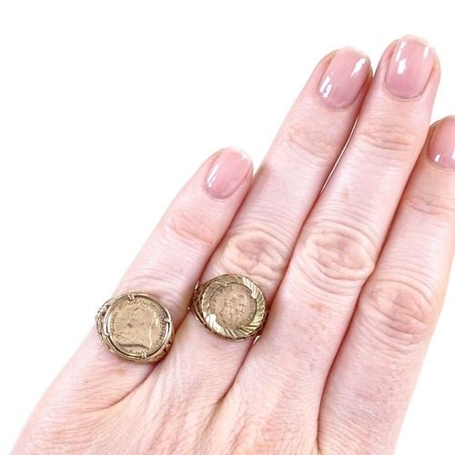 561 - 2 9ct gold coin inset rings, including Mexican and Victorian coins, setting height 15.1mm, sizes J/K... 