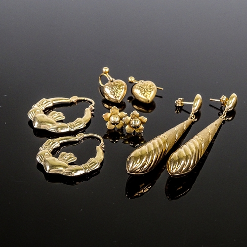 562 - 4 pairs of 9ct gold earrings, including pendant and heart-shaped designs, 6.8g total (4 pairs)