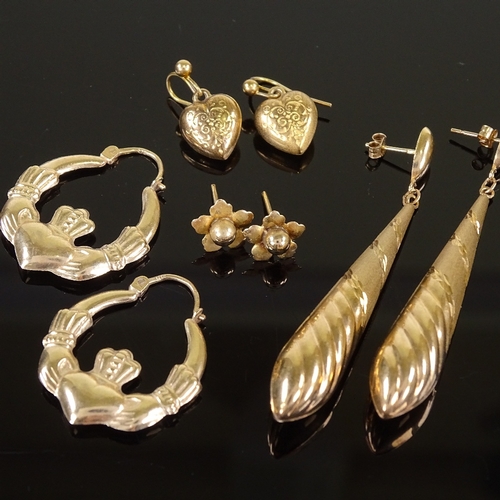 562 - 4 pairs of 9ct gold earrings, including pendant and heart-shaped designs, 6.8g total (4 pairs)