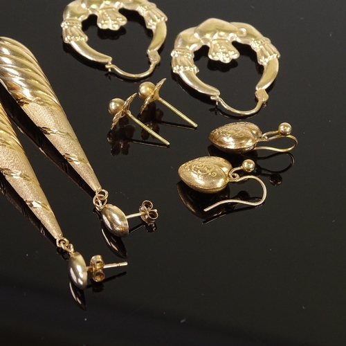 562 - 4 pairs of 9ct gold earrings, including pendant and heart-shaped designs, 6.8g total (4 pairs)