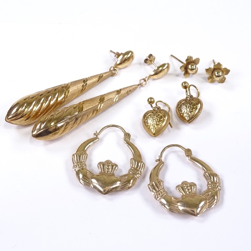 562 - 4 pairs of 9ct gold earrings, including pendant and heart-shaped designs, 6.8g total (4 pairs)