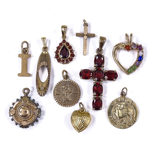 563 - Various 9ct gold pendants, including garnet cruciform example, modernist diamond set example etc, 13... 