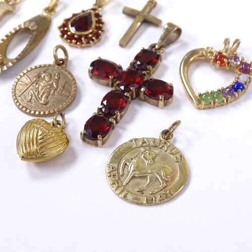 563 - Various 9ct gold pendants, including garnet cruciform example, modernist diamond set example etc, 13... 