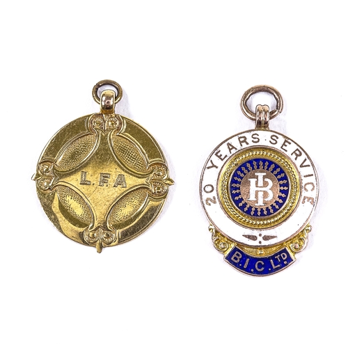 575 - 2 9ct gold presentation medals, including 20 Years' Service BIC Ltd enamelled example, largest heigh... 