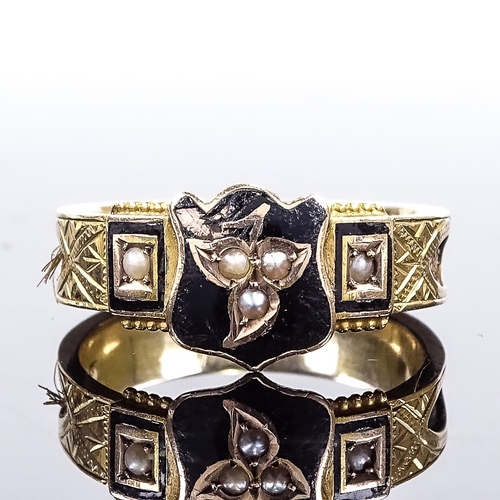 576 - A 9ct gold pearl, black enamel and hair mourning ring, with inset woven hair shank and central leaf ... 