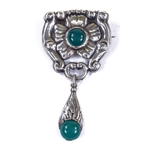 583 - JENSEN AND AKERLUND - an Art Nouveau Danish silver and cabochon chrysoprase floral drop brooch, make... 