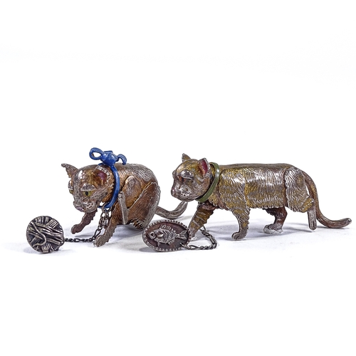 586 - CAROL MATHER - 2 21st century designer handmade 3D kitten brooches, with security chains, hallmarks ... 