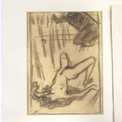 1253 - Charcoal on paper, erotic drawing, signed with monogram AL, 6.5