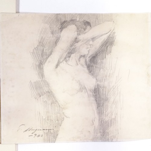 1253 - Charcoal on paper, erotic drawing, signed with monogram AL, 6.5