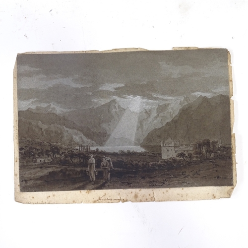 1259 - Manner of J M W Turner, 19th century sepia watercolour, travellers in a landscape Lausanne, unsigned... 