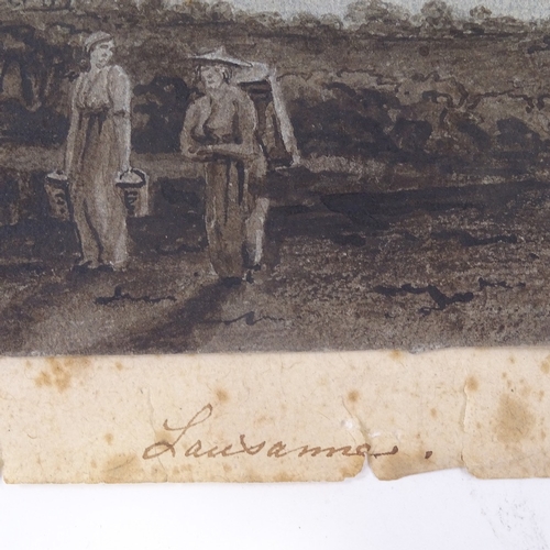 1259 - Manner of J M W Turner, 19th century sepia watercolour, travellers in a landscape Lausanne, unsigned... 